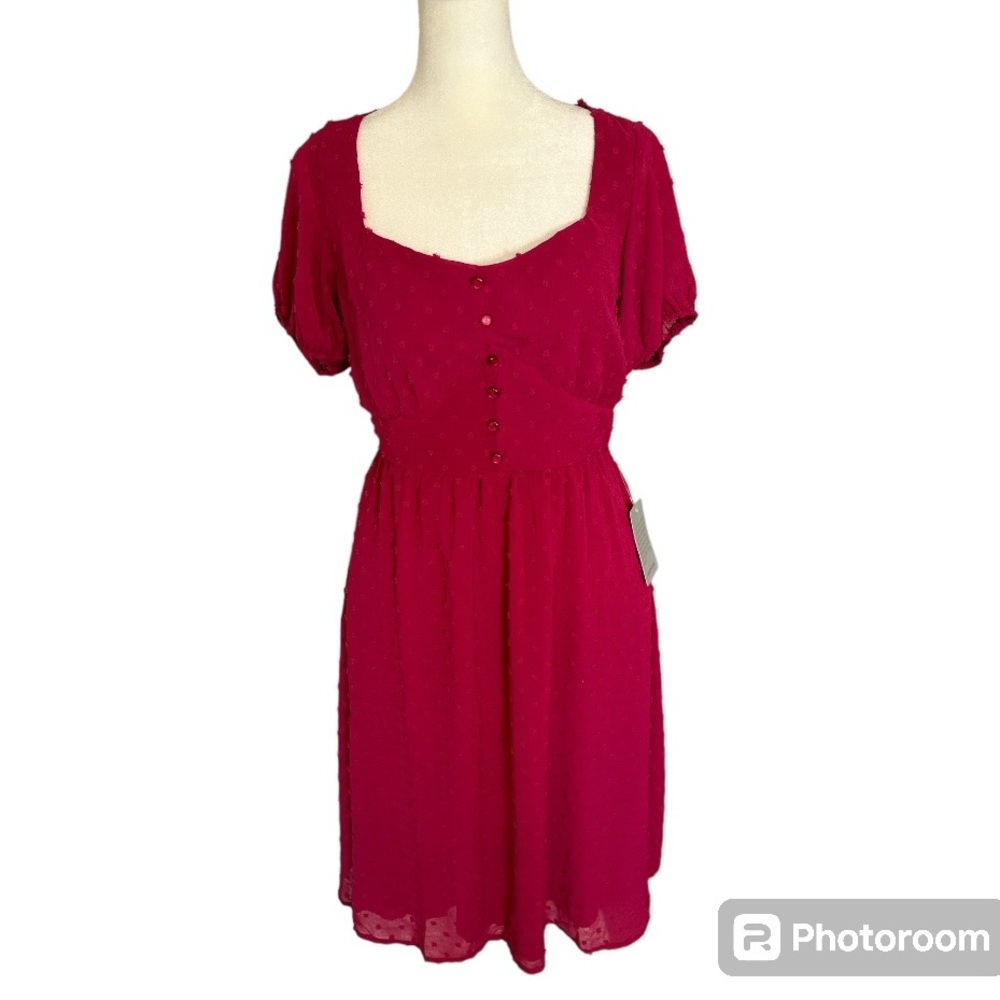 NWT Max + Ash Fuschia Polka Dot Textured Dress with Puff Sleeves